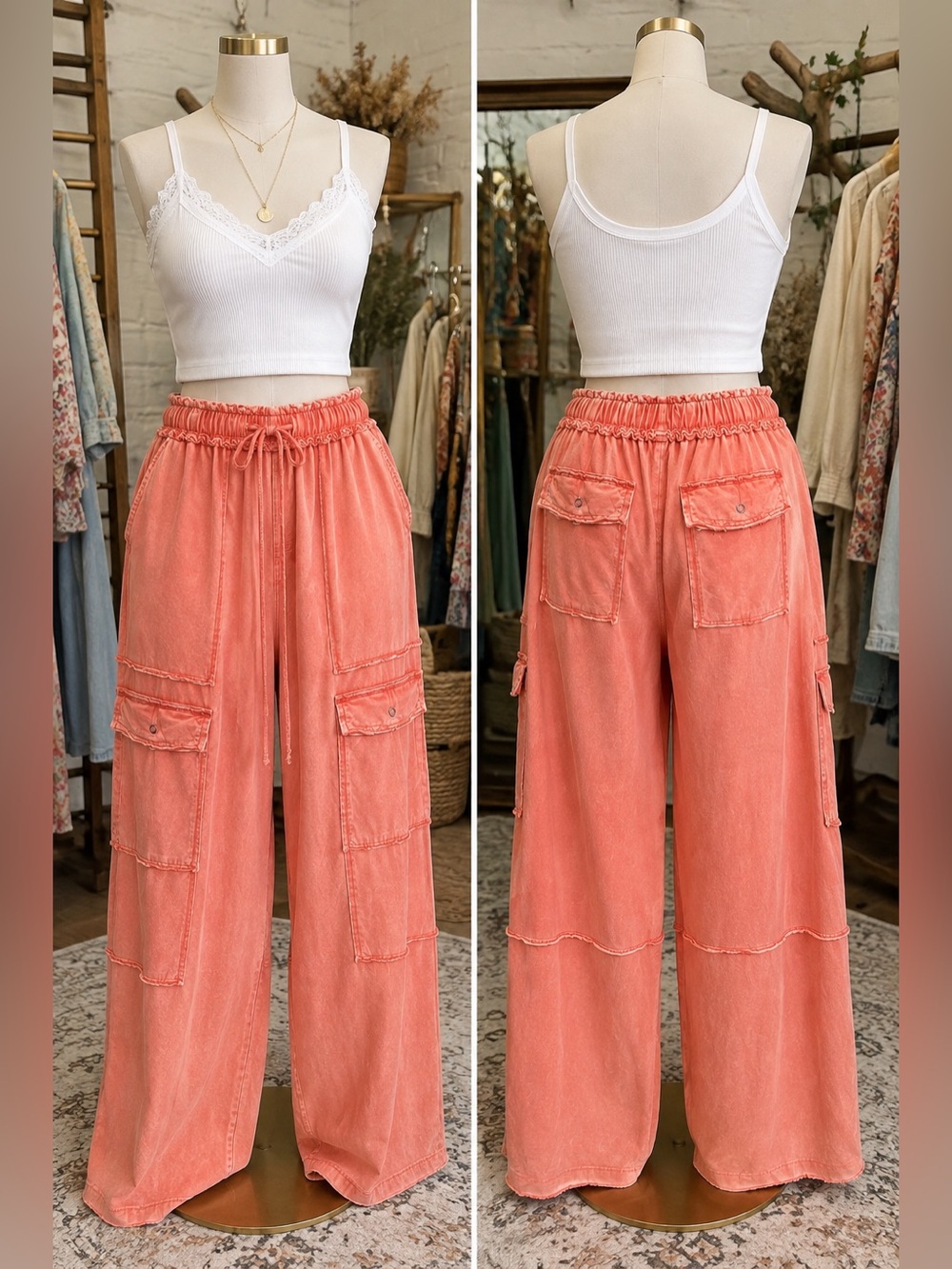 68🌟 Easel Coral Pink Mineral Wash Wide Leg Cargo Pants Boho Small